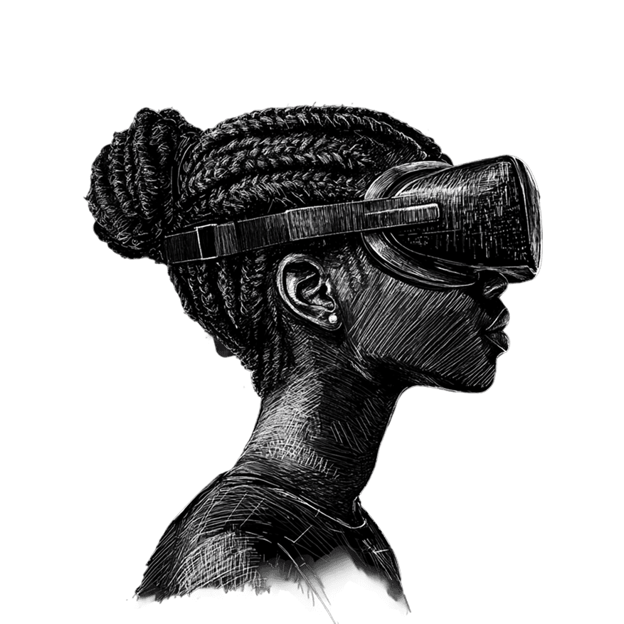 Pencil illustration of a young woman wearing a VR headset